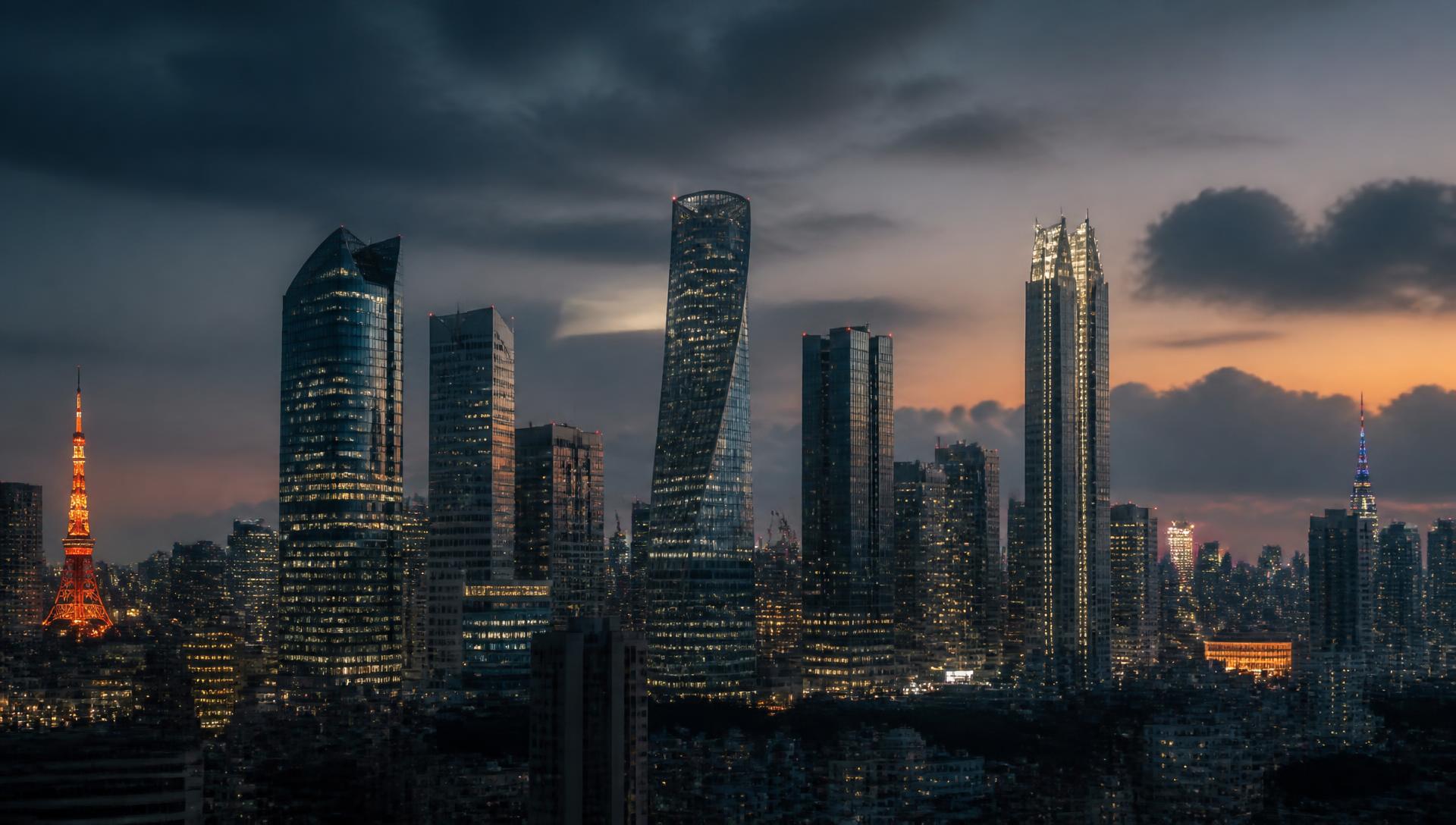 Financial district skyline at dusk